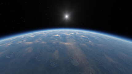 Sunrise Over Earth's Curved Horizon From Space With Atmosphere Glow — 3D Rendering View © edb3_16