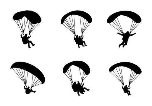 Paragliding silhouettes set with solo and tandem flyers for extreme sports and adventure logos