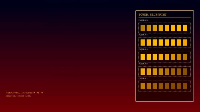 Digital modular assembly shown in a glowing user interface while building vertical structures through sequential steps represented with orange box icons and data on screen