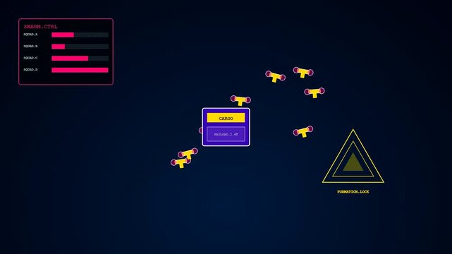 Small drone robots performing modular assembly movements in a dark virtual space with glowing data panels and geometric targeting markers for remote flight navigation