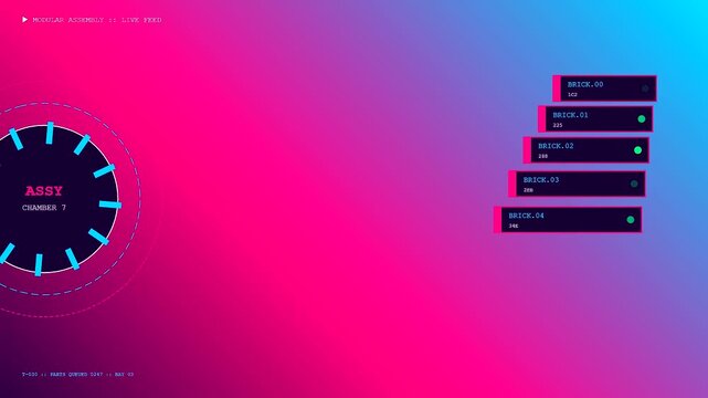a modular assembly sequence shows digital loading bars flashing in cycles across three side by side panels with vibrant purple and blue gradient lighting