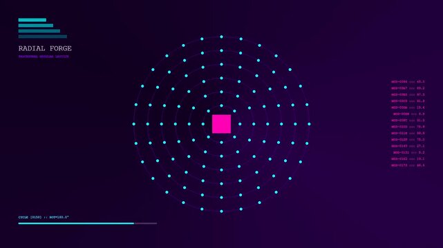A modular assembly interface animation with shifting radial nodes and data streams flowing across a dark digital panel displaying changing statistical information and geometric patterns