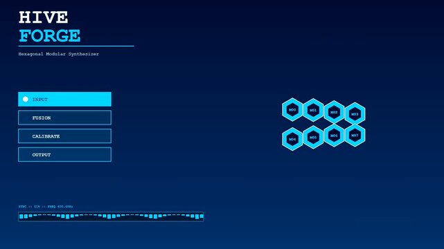 Modular assembly process shown in a digital dashboard interface featuring rhythmic frequency waves and illuminated hexagonal shapes across a dark blue monochromatic computer user display screen