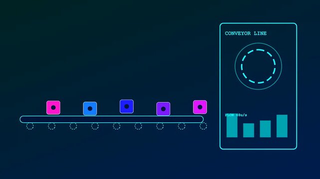 A modular assembly line flows with colorful cubes passing digital monitoring screens showing fluctuating bar charts in this smooth animated sequence of automated industrial logistics systems