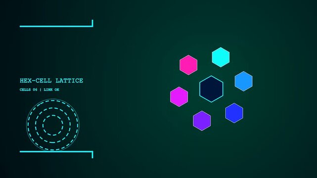 Modular assembly displaying rotating neon geometric nodes in a dark digital interface representing systematic data flow patterns shifting across a virtual space for graphic design