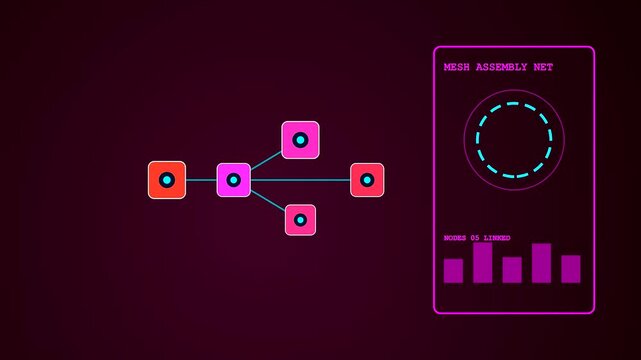 A digital modular assembly system displays interconnected square nodes glowing against a dark atmosphere as data points fluctuate across the screen in this dynamic virtual interface