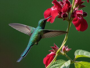 Fototapeta premium Green hummingbird hovers near red flower. Small tropical bird feeds on nectar from blossom in rainforest. Iridescent plumage, long tail visible as avian wildlife hunts food in wild jungle garden with