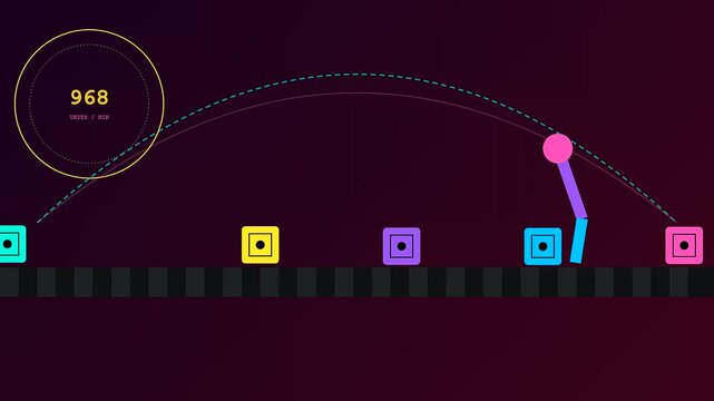 A modular assembly game interface features colorful square blocks with a moving stick figure character hopping across a dark digital track with neon lighting effects
