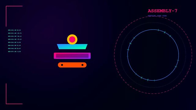 A modular assembly interface displaying vibrant neon circular HUD elements with shifting digital data points in a seamless loop motion for modern user experience design projects