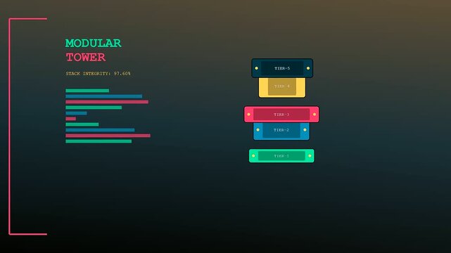 Progressive modular assembly shows a stack of colorful rectangular building blocks rising slowly while digital text overlays display changing integrity data on a dark screen background