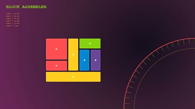 A modular assembly interface demonstrates geometric block arrangements within a digital dashboard as colorful rectangles snap into precise positions across a dark gradient interface screen display