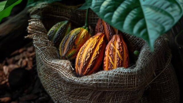 Close-up of ripe cocoa pods in a rustic burlap sack