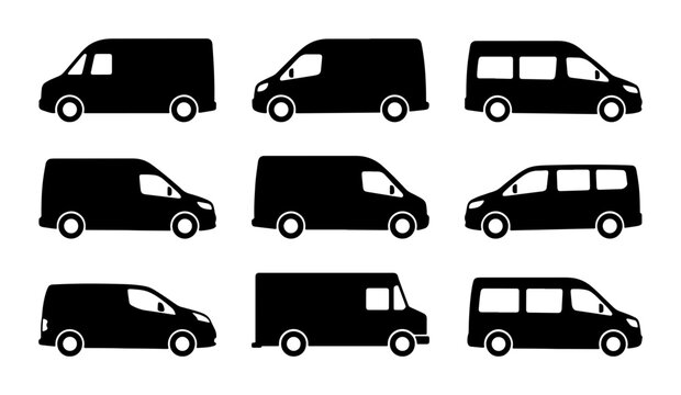 Delivery van silhouettes set with cargo vans and passenger vans for transport and logistics