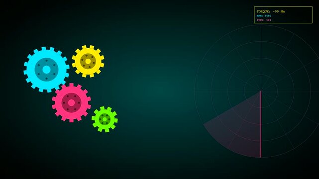 Modular assembly of rotating colorful gears showcased with digital scanning readouts on a dark gradient interface representing data tracking and complex mechanical movement in motion