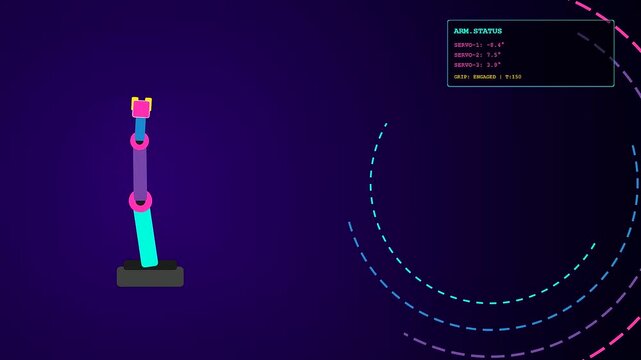 Modular assembly performed by a mechanical arm display showing sensor data with glowing orbital path rings that shift positions against a deep purple gradient screen