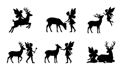Fototapeta premium Fairy and deer silhouettes set with magical creatures and forest animals for fantasy themes