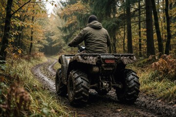 Fototapeta premium Man rides muddy quad bike on forest trail. Adult male drives four wheeler through dirty path in autumn woods. Lone driver travels on off road vehicle in dense trees during fall season. Outdoor