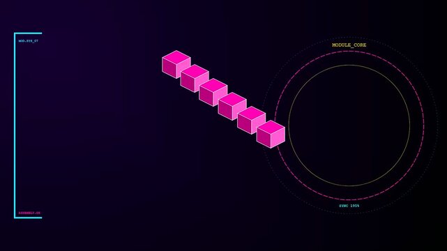 A modular assembly of glowing pink cubes moves across a dark screen towards a neon circular interface in this animated sequence of digital data processing
