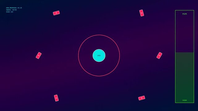 A modular assembly visualization displays red geometric segments orbit a central glowing cyan orb within a deep purple digital workspace featuring fluctuating green energy levels