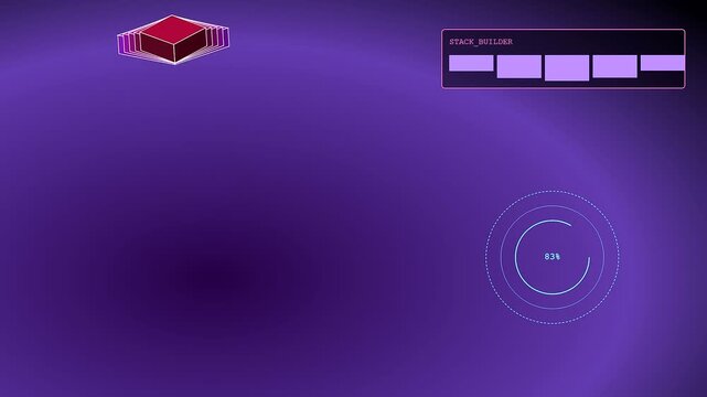 Modular assembly process of digital three dimensional cubes forming a vertical stack with a circular progress indicator displaying data progression in a violet digital environment