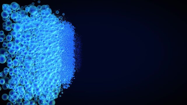 Glowing blue bubbles and pixel cubes dissolving into fine particles on left side of dark navy backdrop, animated abstract background with copy space on right