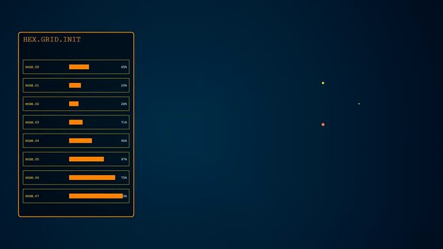 Digital modular assembly shown in a graphical progression sequence featuring illuminated geometric shapes and rising bar charts across a dark blue screen interface for data visualization