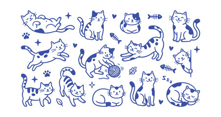 Fototapeta premium Collection of hand drawn feline illustrations in a blue line style against a white background cats kitten kitty animals pets domestic mammal creature hand drawn sketch