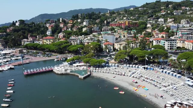 Aerial view of Italian Riviera Resort Town Overview in Rapallo, Italian Riviera, Liguria, Italy - 4K drone footage
