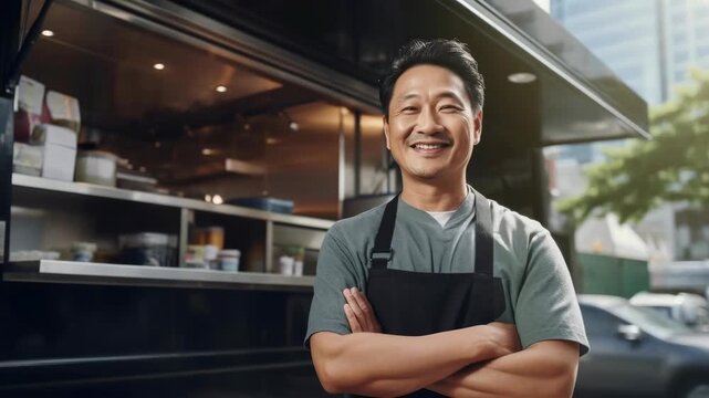 Smiling Asian Man in Apron Standing in Front of Food Truck