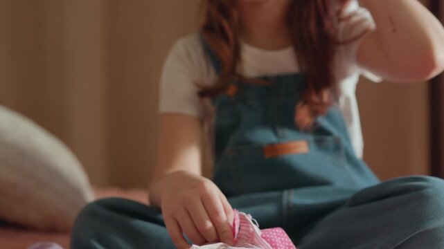 Young girl sits on floor indoors as girl carefully dresses baby doll with pink clothing. Her hands adjust fabric details surrounded by soft textures like purple blankets and fuzzy rugs