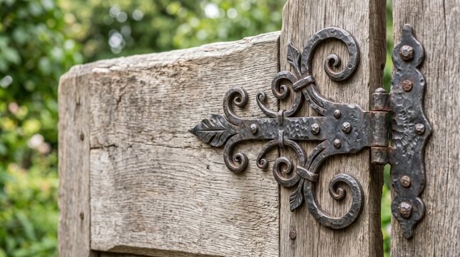 Forged ornamental metal gate hinge on rustic wooden planks. Forged ornamental metal gate hinge features intricate scrollwork detailing craftsmanship. Elegant forged ornamental metal gate hinge decor.