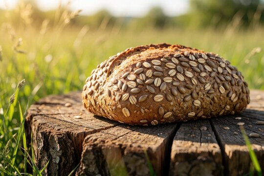 Fresh multigrain bread loaf with sunflower, sesame seeds rests on old tree stump. Rustic crusty bread sits in green grass field under warm golden sunlight. Healthy organic bakery product outdoors in