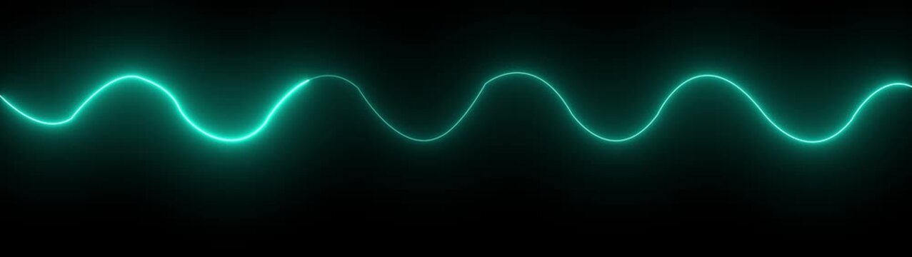 Neon blue sine wave pulse abstract background, glowing digital audio frequency signal, smooth oscillating light line animation on black