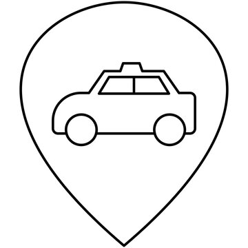 Line art style icon illustration of a map pin location marker with a taxi cab vehicle isolated on transparent background. Minimalist thin line design element for taxi pickup location UI.