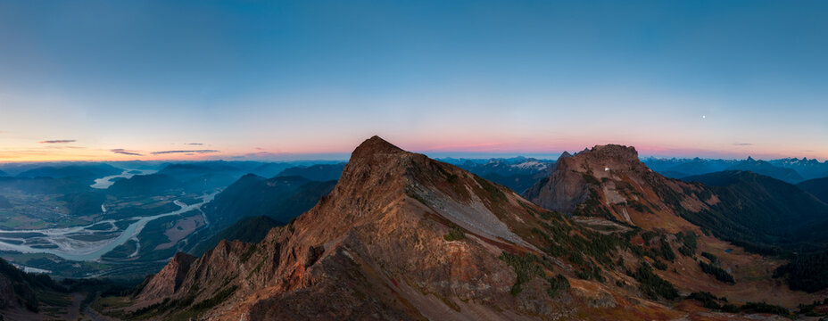 Panoramic Sunrise Over Chilliwack Mountain Peaks, Valley Rivers and Wilderness in BC Canada