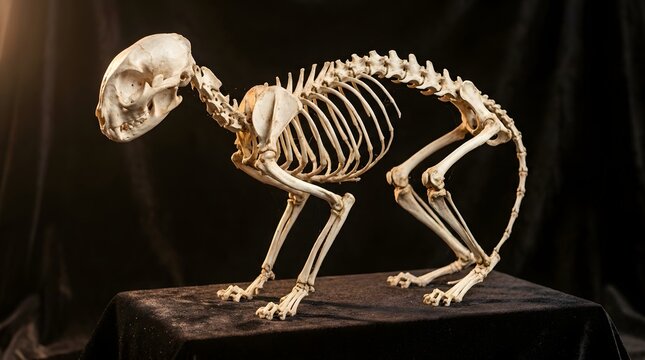 Detailed Cat Skeleton Displayed on a Dark Surface Against a Black Backdrop.