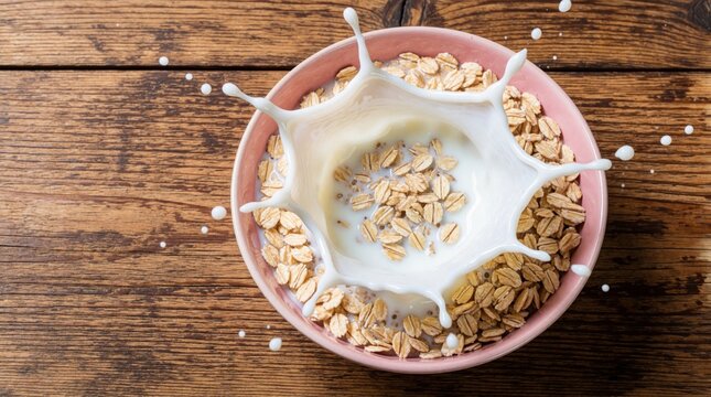 White milk splashes in pink bowl filled with oat cereal. Dynamic liquid motion creates crown shape over healthy grains. Top view of breakfast meal on rustic wooden table. Fresh dairy drops on dark