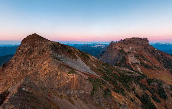 Sunset Over Rugged Mountain Peaks and Rocky Ridges Near Chilliwack in British Columbia