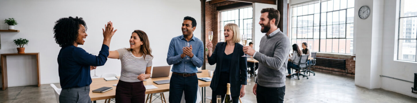 Diverse corporate team raising champagne glasses and exchanging high fives after a business achievement, capturing teamwork, celebration, success and positive workplace culture.