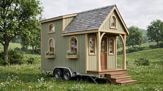 Charming Tiny House on Wheels in a Lush Green Meadow, Cozy Dwelling with Rustic Charm, Sustainable Living Concept