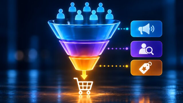 Illuminated 3d digital marketing sales funnel demonstrating customer conversion journey from lead generation to retail shopping cart transaction with targeting icons