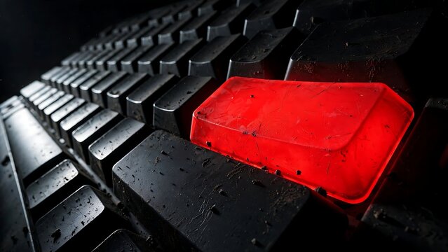 Dirty Mechanical PC Keyboard with Glowing Red Illuminated Key Symbolizing Cyber Security Threat Warning System Error and Data Security Vulnerabilities