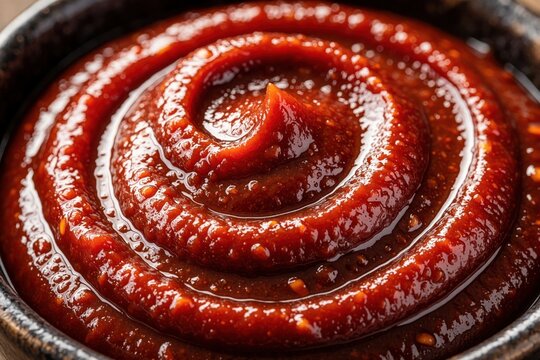 Close up of spicy red Korean chili paste gochujang in dark bowl. Thick textured fermented sauce swirls in ceramic dish. Traditional Asian condiment with hot pepper flavor for cooking authentic Korean
