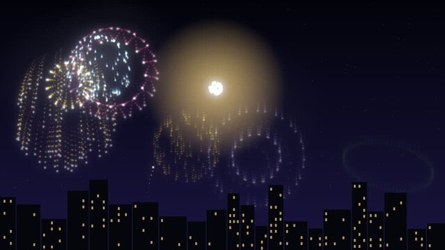 Vibrant fireworks display illuminates the night sky above a silhouetted cityscape with multiple bursts of color and light