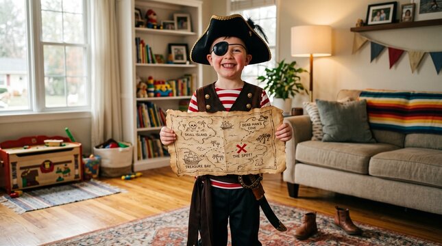 Young boy dressed as a pirate holding a treasure map in a living room, ready for Halloween fun