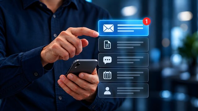 Close up of hands using a mobile phone with floating holographic user interface panels displaying unread email notifications and digital task scheduling reminders