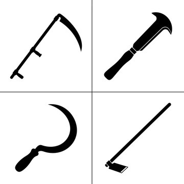 Agricultural Tools Silhouette: Scythe, Sickle, Hoe, and Billhook