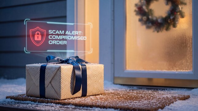 Wrapped holiday gift package on a snowy porch with a futuristic glowing hologram displaying a compromised order scam alert