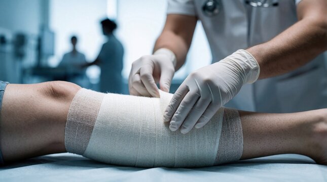 Doctor applies white bandage to patient leg in clinic. Medical pro wears gloves, treats wound during recovery. Healthcare specialist provides wound care service in outpatient facility to promote