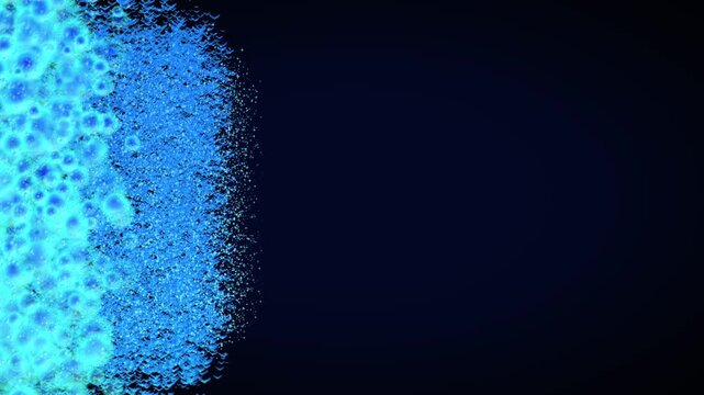 Fragmented blue chevron shard particles dispersing from a luminous bubble mass over dark navy, motion graphics backdrop with blank copy space for text overlay